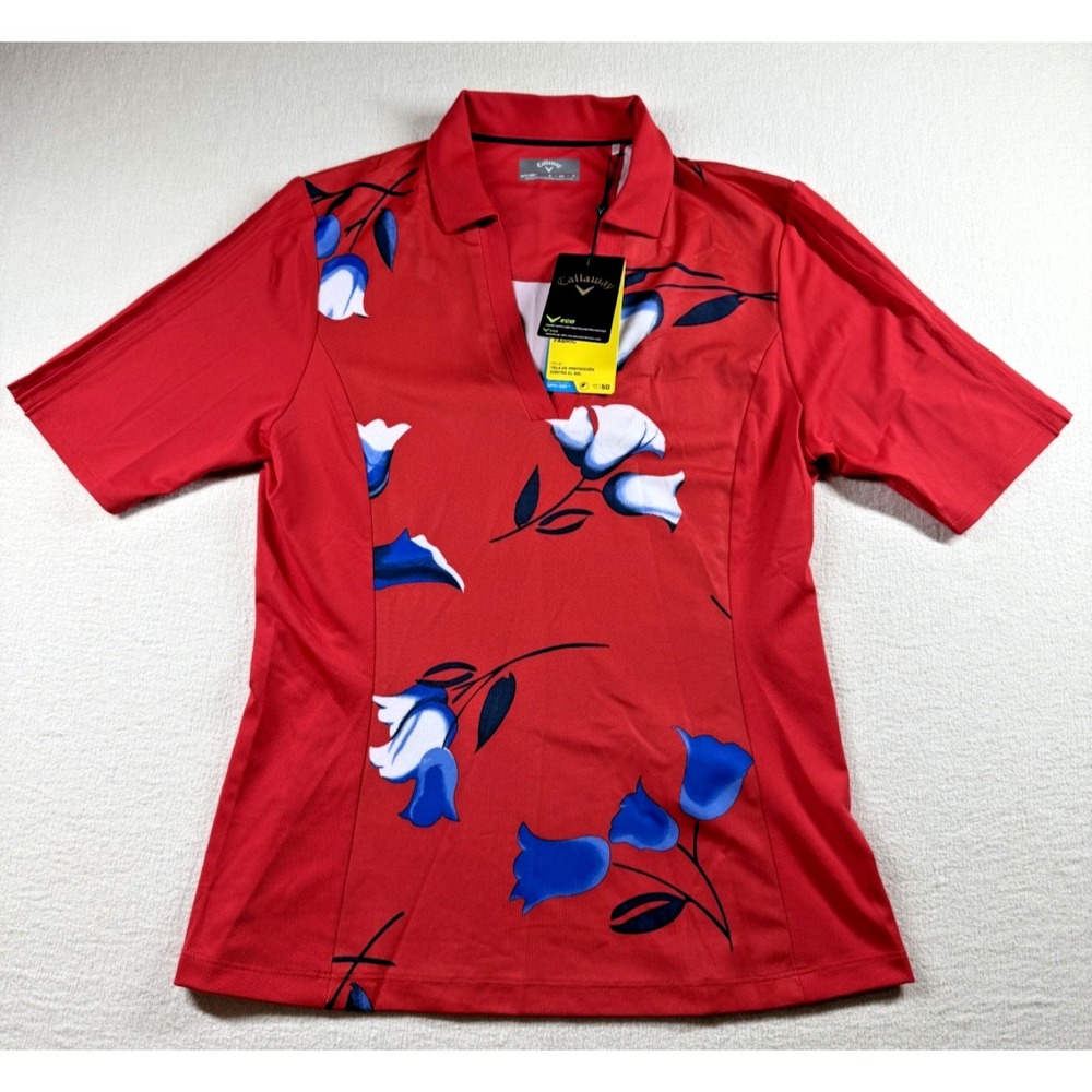 Callaway Women S NWT Golf Polo True Red Floral Pleated Sleeve Opti-Dri UPF 50